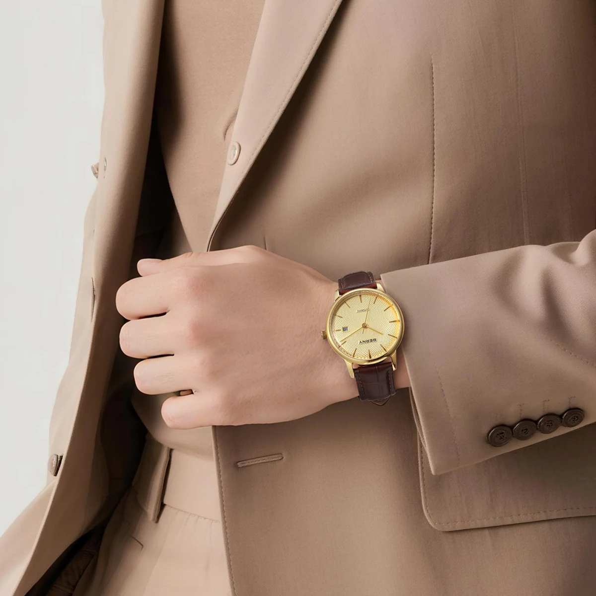 BERNY Automatikuhren für Herren, luxuriöse klassische mechanische Herrenuhr, gewölbtes Glas, Kalender, elegante, schlanke Armbanduhr – Detail 21