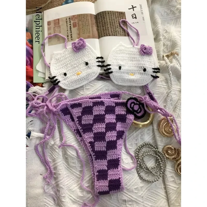 

Комплект бикини Sanrio Hello Kitty, связанный крючком, милые купальники для девочек, сексуальный купальный костюм, бикини с микро-завязками, пляжная одежда, женский купальный костюм