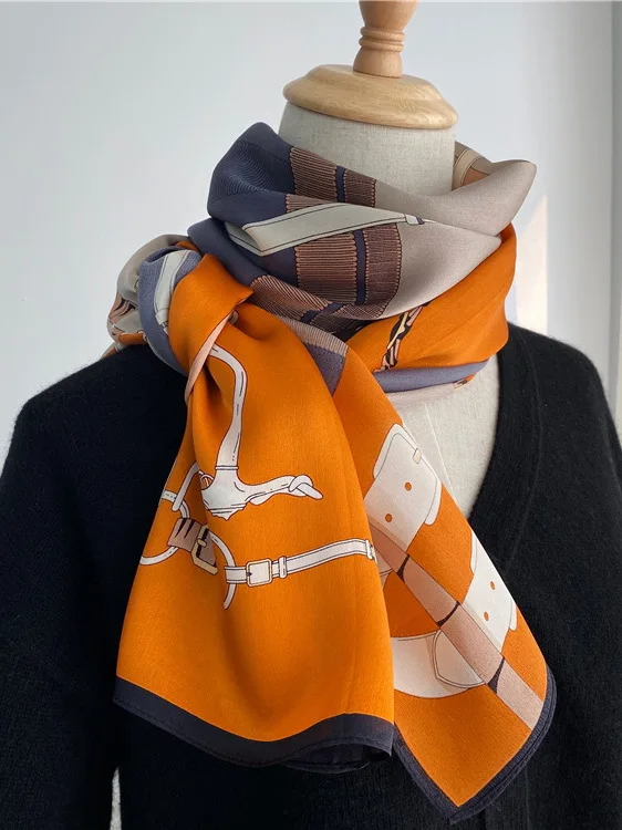 long-silk-scarf-orange-printed-with-leather-button-satin-chiffon-awl-korean-sle-versatile-for-all-seasons-geometric-pattern