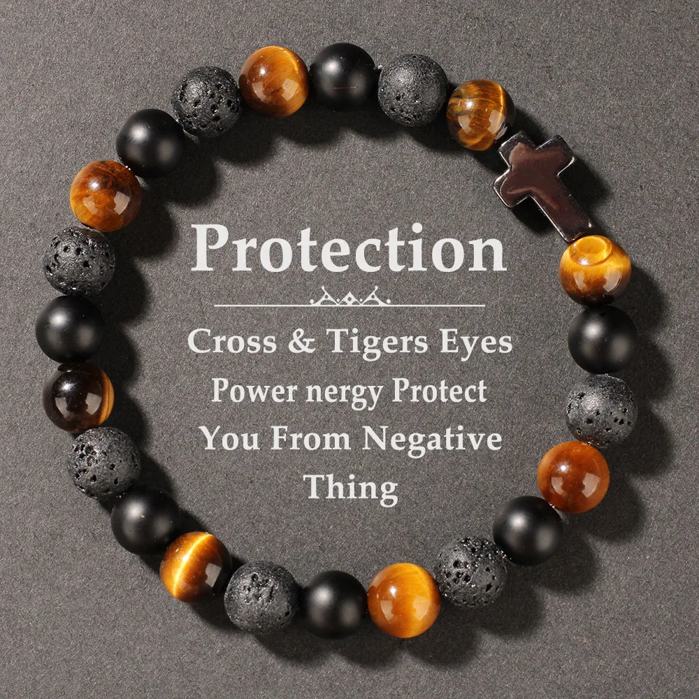 8MM Tigerauge Stein Kreuz Armband Für Männer Punk Lava Rock Perlen Naturstein Kette Armreif Männlichen Mode Täglichen Verschleiß schmuck