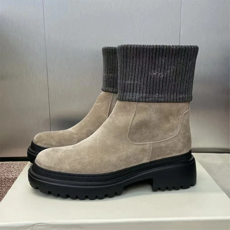 

Женские короткие ботинки, женские туфли на плоской подошве с круглым носком, женские замшевые ботильоны из коровьей кожи, модные мотоциклетные ботинки на открытом воздухе с бусинами