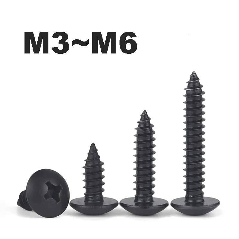 Black 304 Stainless Steel Cross Truss Head Self-tapping Screws M3 M4 M5 M6 Phillips Mushroom Head Screws for Furniture DIY