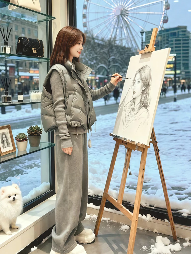 

Женский теплый повседневный комплект из футболки с начесом и жилета, брюки с широкими штанинами для зимнего модного образа, верхняя одежда