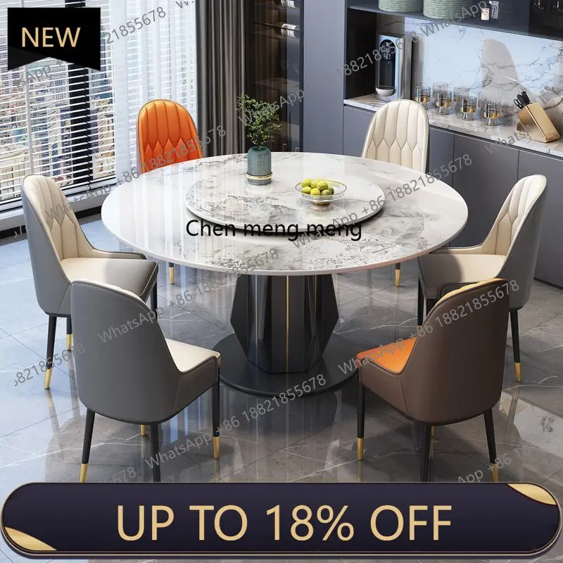 E153 Light luxury bright rock slab dining table and chair combination Modern simple Italian dining table Household with turntabl