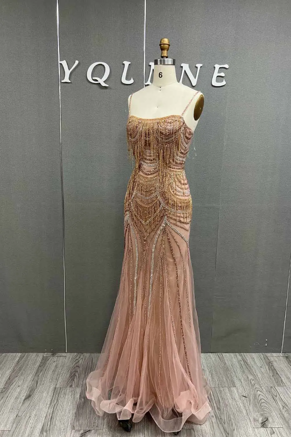 YQLNNE Luxury Rose Gold Rhinestones Long Prom Dresses Spaghetti Pendants Beaded Mermaid Eventing Gown Lace-up