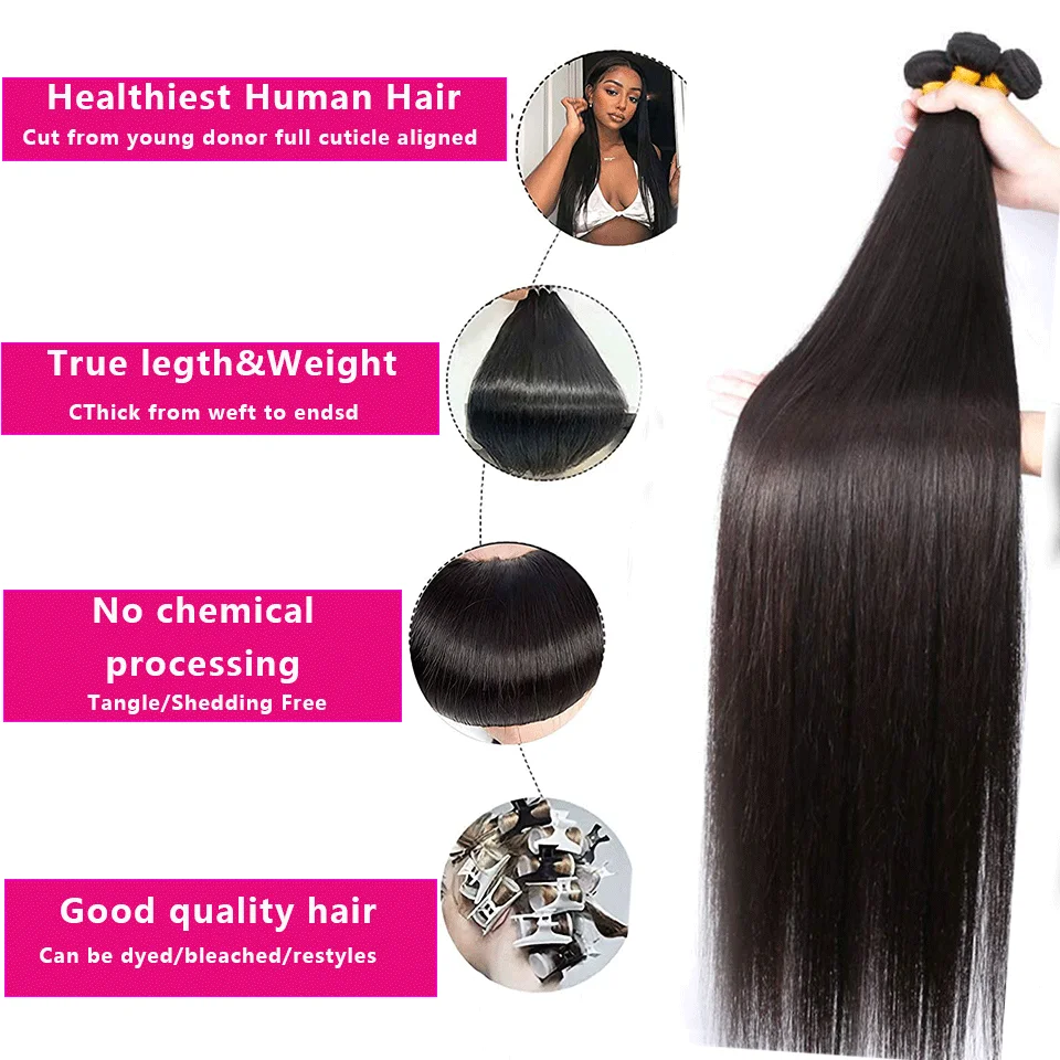 Beauty Grace Straight Original Human Hair Bundles 30 32 Inches Brazilian Hair Weave Bundles Human Real Natural Hair Extensions