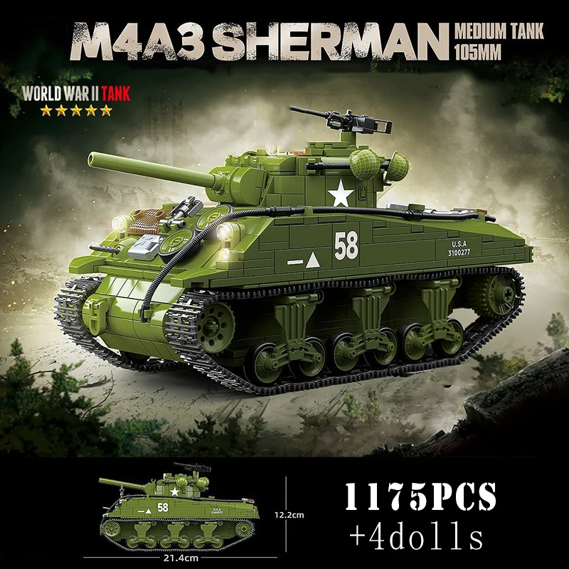 WW2 Military American M3A1 Stuart M4A3 Sherman Medium Tank Building Blocks Army Weapons KV-1 Heavy Tanks City Bricks Kids Toys