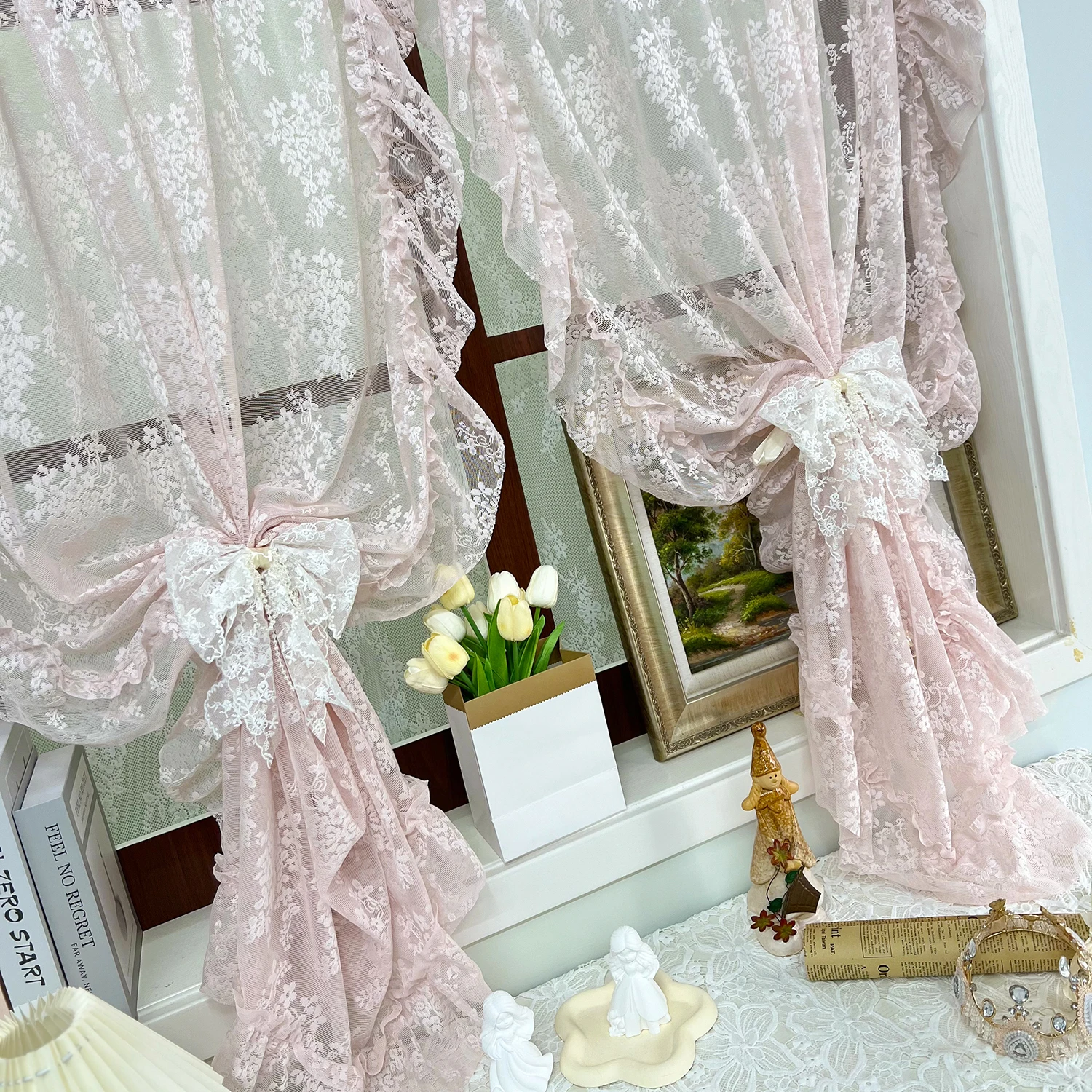 

French High-end Pink Lace Curtains For Bedrooms, Dust-Proof Partitions Lace Curtains, Easy To Install Home Curtains Decoration