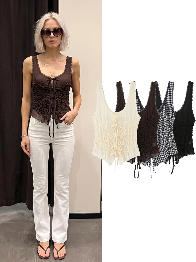 HH Preppy Style Gingham Lace Trim Cami Top Women's Tie Front Ruched Chiffon Tank Top Casual Summer Daily Vacation School Wear