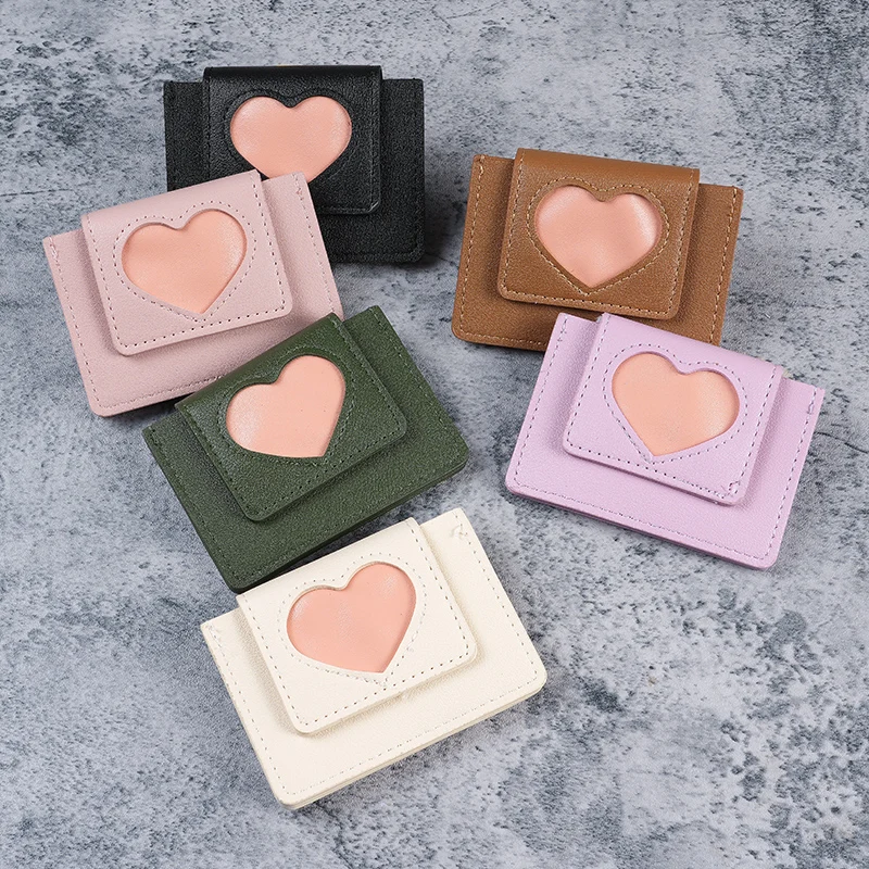 Women's small heart card bag button folding mini card sleeve