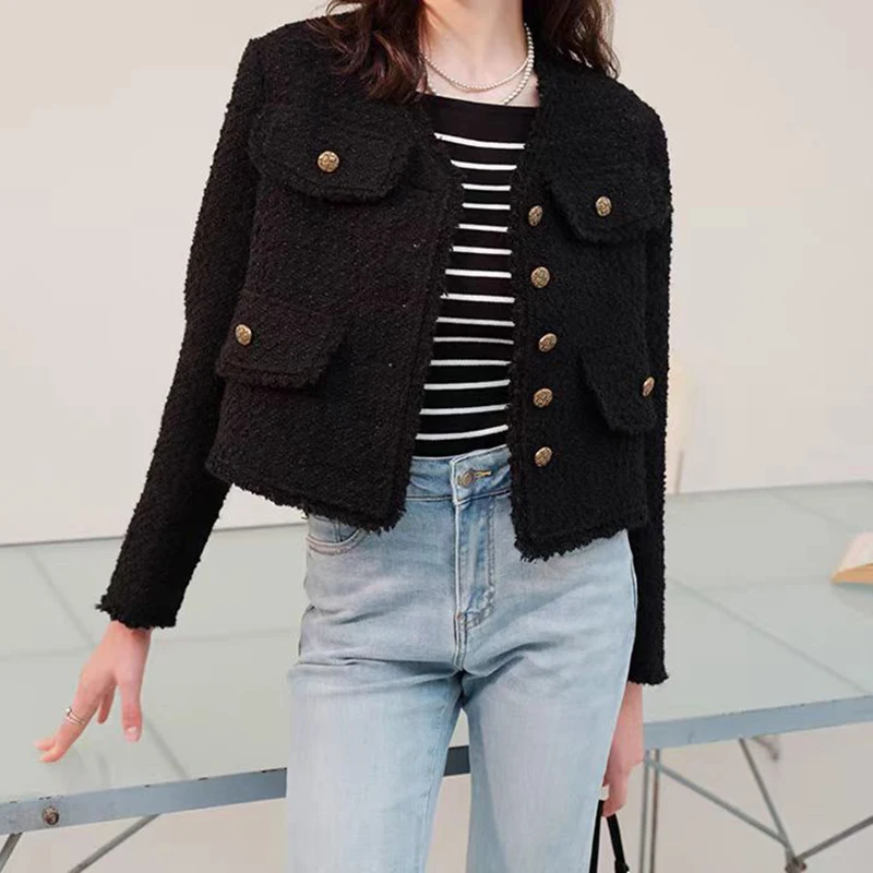 

ITOOLIN Single-breasted Cardigan Coat Tweed Long Sleeve Elegant Jacket Autumn Top Korean Pocket New Small Fragrance Outerwear