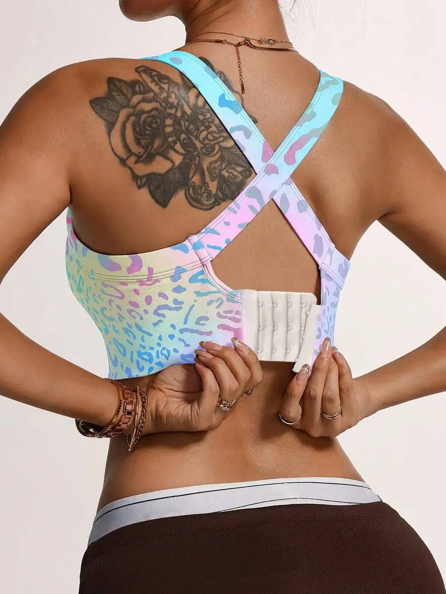 Dreamy Rainbow Leopard Print Criss-Cross Sports Bra, Sweet And Stylish, Supportive, Suitable For Fitness And Casual Wear,
