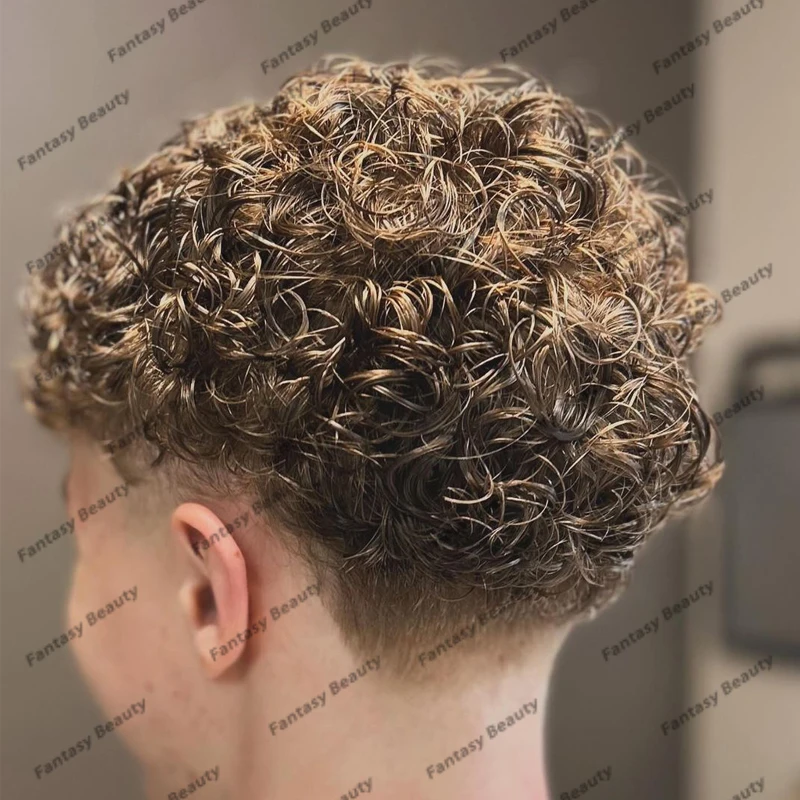 Cool Bruine Man Menselijk Haar Toupetje Duurzaam 18Mm Krullend Fijn Mono Pu Basis Pruiken Vervanging Capillaire Prothese Systeem Haarstukken