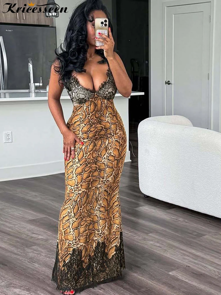 คริสซีสซีน ​ เดรสยาวลายหนังงูเซ็กซี่สำหรับผู้หญิง คอวีลึก แต่งผ้าลูกไม้สีดำ สายเดี่ยวรัดรูป ชุดราตรี