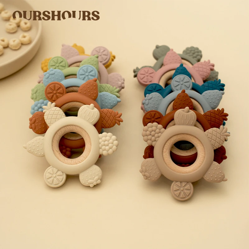 1개 아기 과일 모양 치발기 BPA 프리 실리콘 치발기 나무 링 포함 유아용 씹는 장난감 남아 여아 신생아 선물