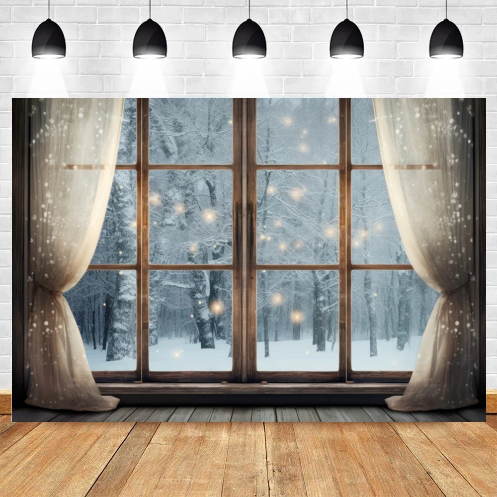 Winter Window Curtains Forest Snow Photography Backrop White Candle Christms Party Home Decor Photo Background Studio Props