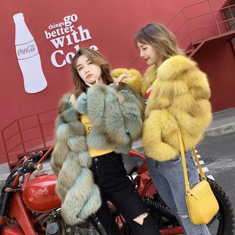 Luxury Women Faux Fox Fur Grass Coat Short Autumn Winter Thickened Striped Imitation Mink Fur Bomber Jacket Flocking Cardigan