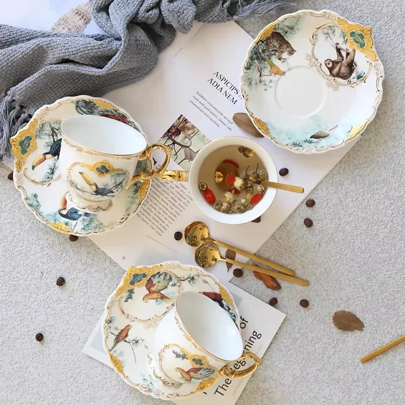 European Ceramic Tableware Forest Animal Coffee Cup Saucer Set Dessert Fruit Steak Plate Home Table Decor Porcelain Dinner Dish