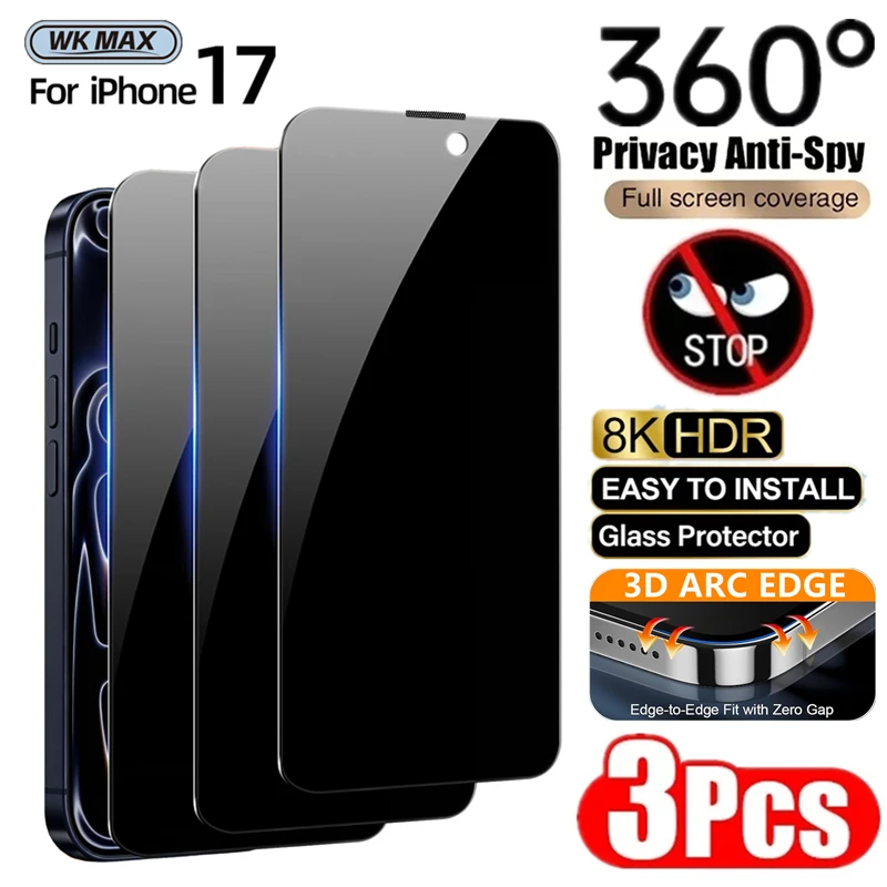 

3Pcs VKMAX Privacy Tempered Glass For iPhone 17 16 15 14 13 12 11 Pro Max Anti-Spy Screen Protectors Dust-proof Arc Edge Glass
