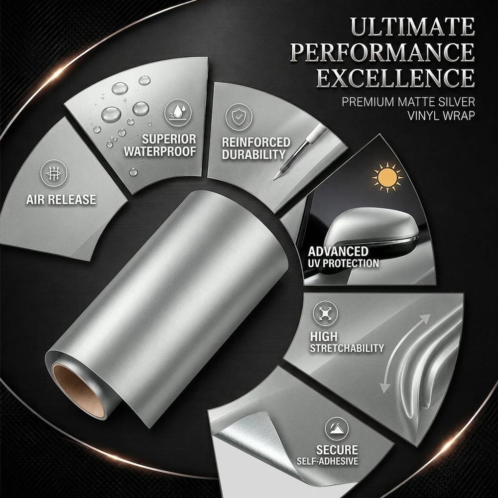 Matte Silver Car Vinyl Wrap Film Self‑Adhesive Bubble Free Sticker PVC Bubble Free Decals Auto Interior Exterior Modification