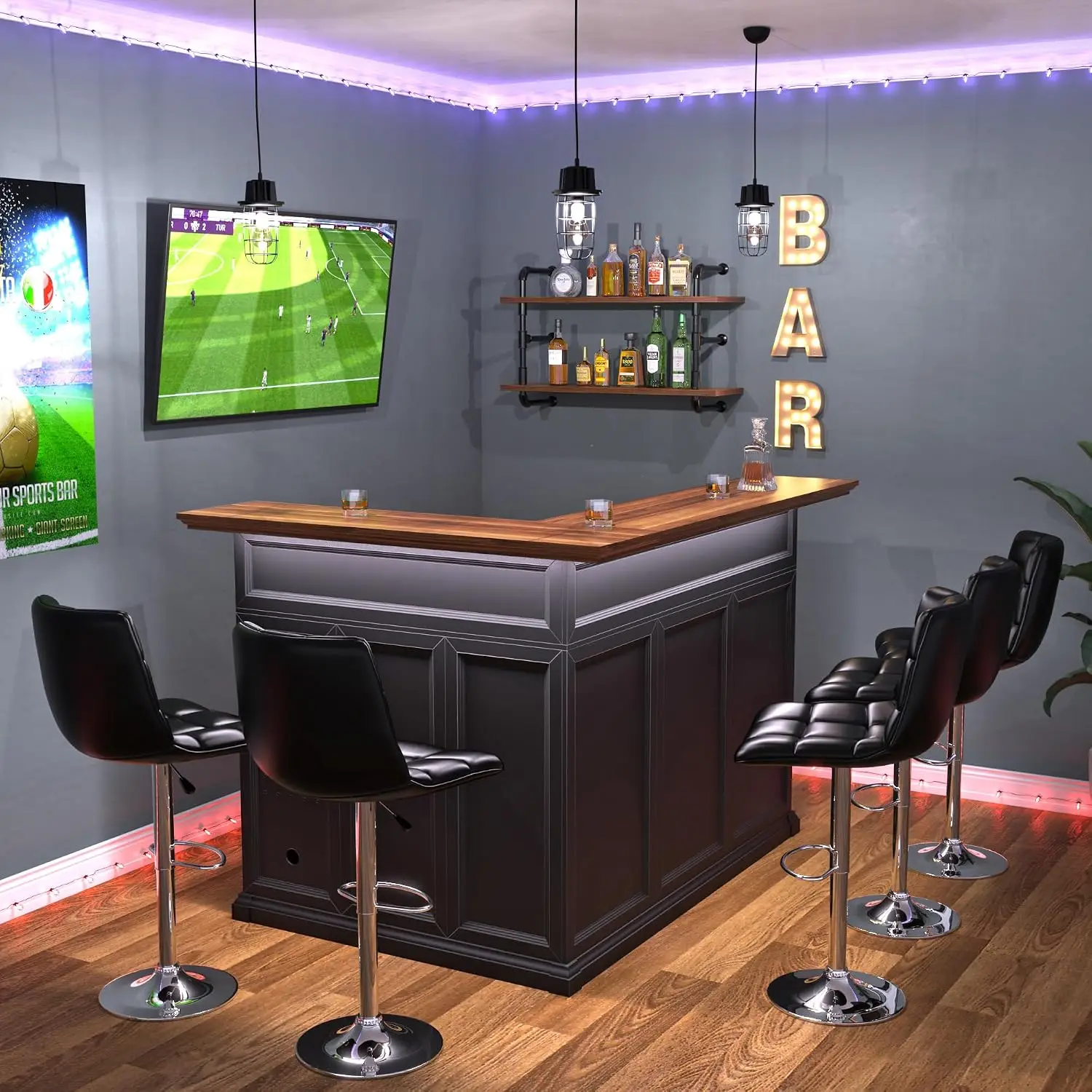 L-Shaped Home Bar Cabinet with Fridge Space, Oversized Basement Bar | Basement & Man Cave Bar, Seats 5+ Guests,, Customized - view 3