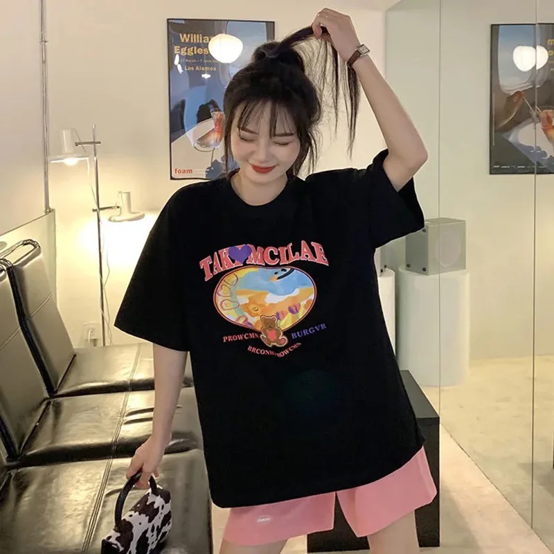 تيشيرت نسائي صيفي Harajuku موديل 2022 مطبوع عليه حروف الدب مطبوع تي شيرت بأكمام قصيرة تي شيرت كبير الحجم للسيدات في سن المراهقة لطيف وجميل