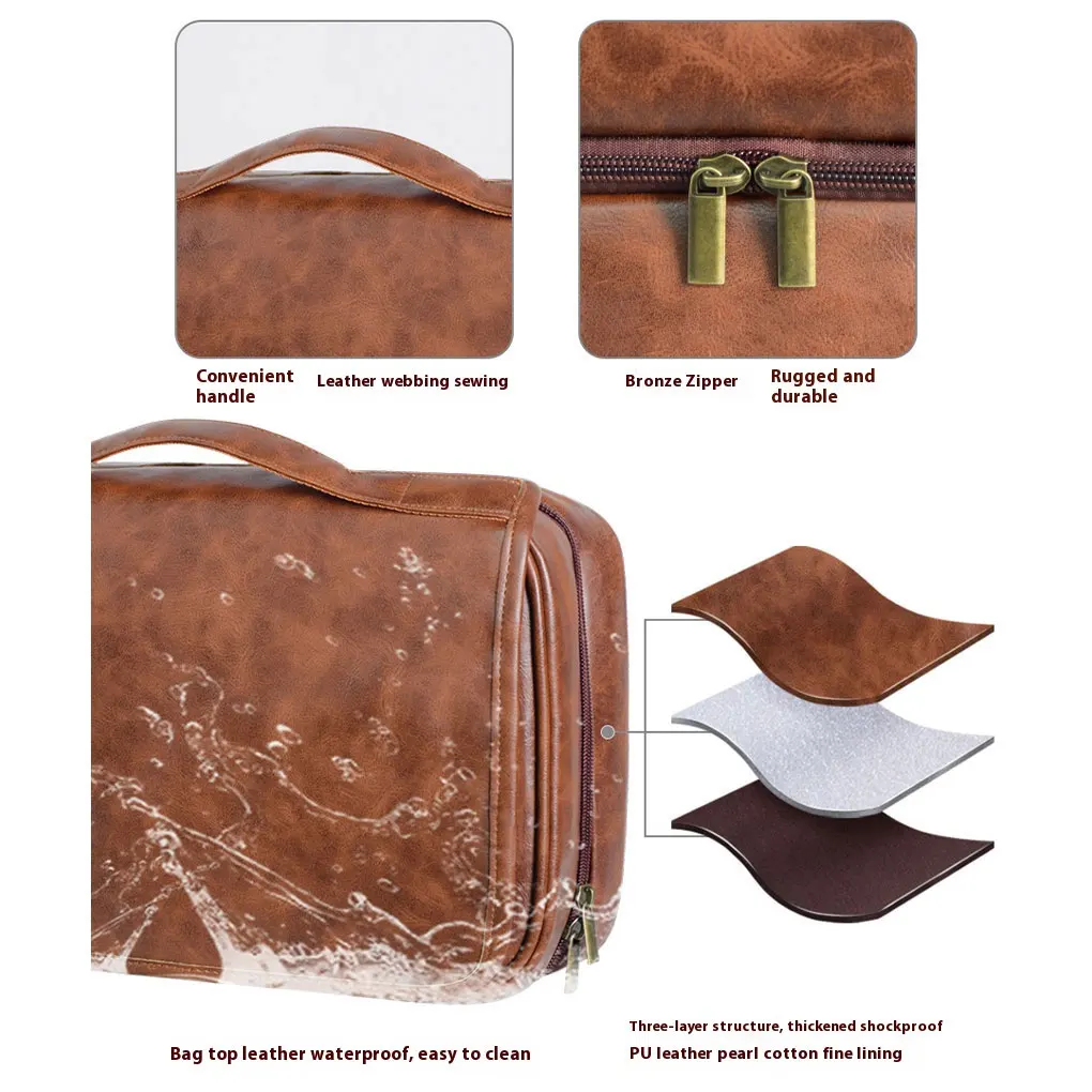 3-in-1 men’s business PU wash bag, capacity high-end storage waterproof makeup storage bag, men’s bathroom bag