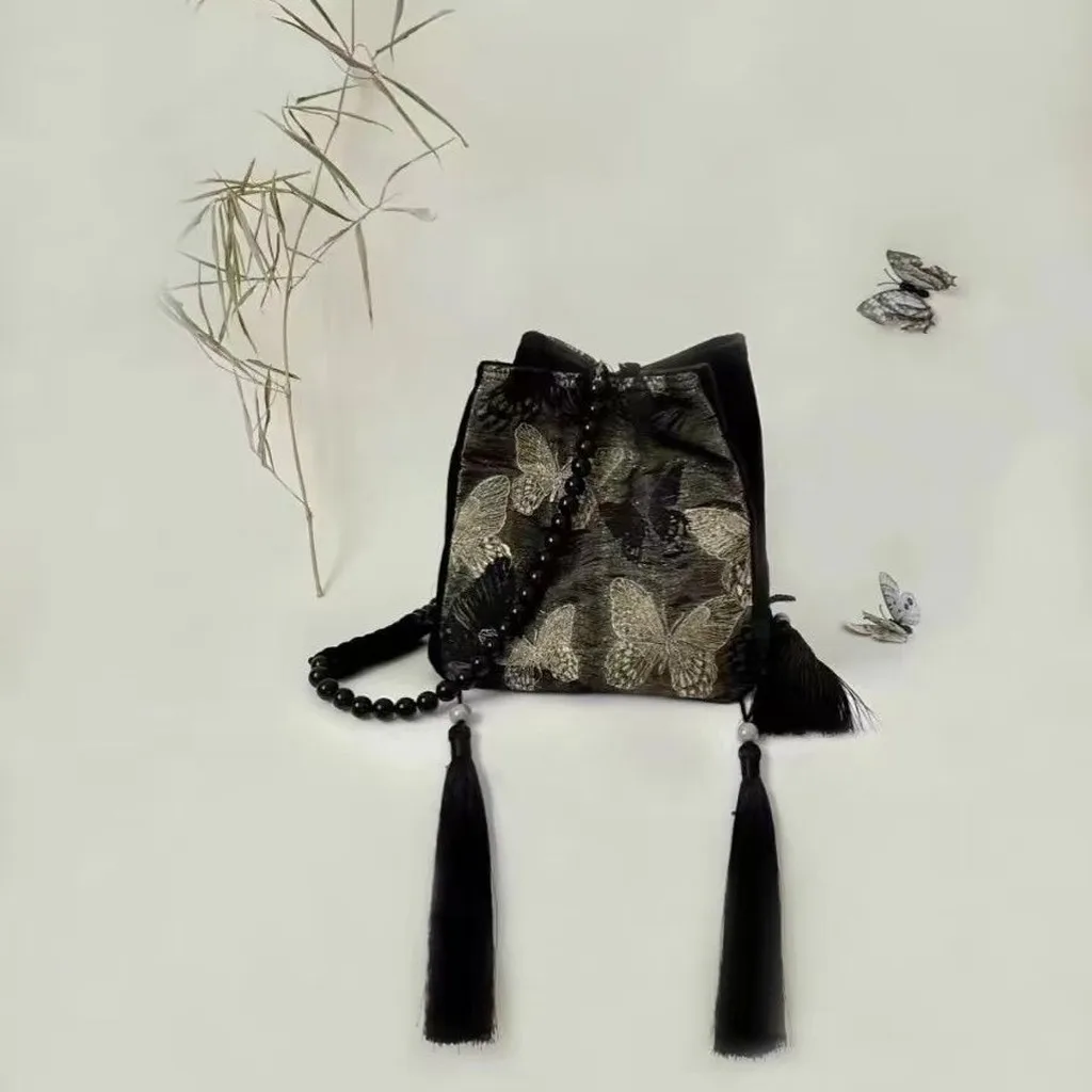 Bucket Bag Jacquard Suede Beaded Strap Bag Shoulder Bag Beaded Handbag For Dating Outings New Chinese Outfits Casual Travel