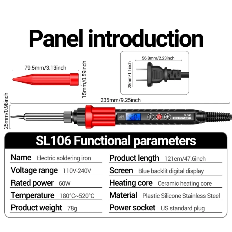 Y1UU SL106 Digital Soldering Iron 60W 110V LCD Digital Soldering Pen 180°C-520°C Ceramic Heaters Electronic Welding Tool