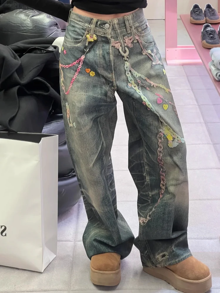 

As25Ss 1981M Candy Chain 3D Illusion Print Straight Leg Jeans Unisex Long Denim Fabric Casual Loose Fit Spring Season