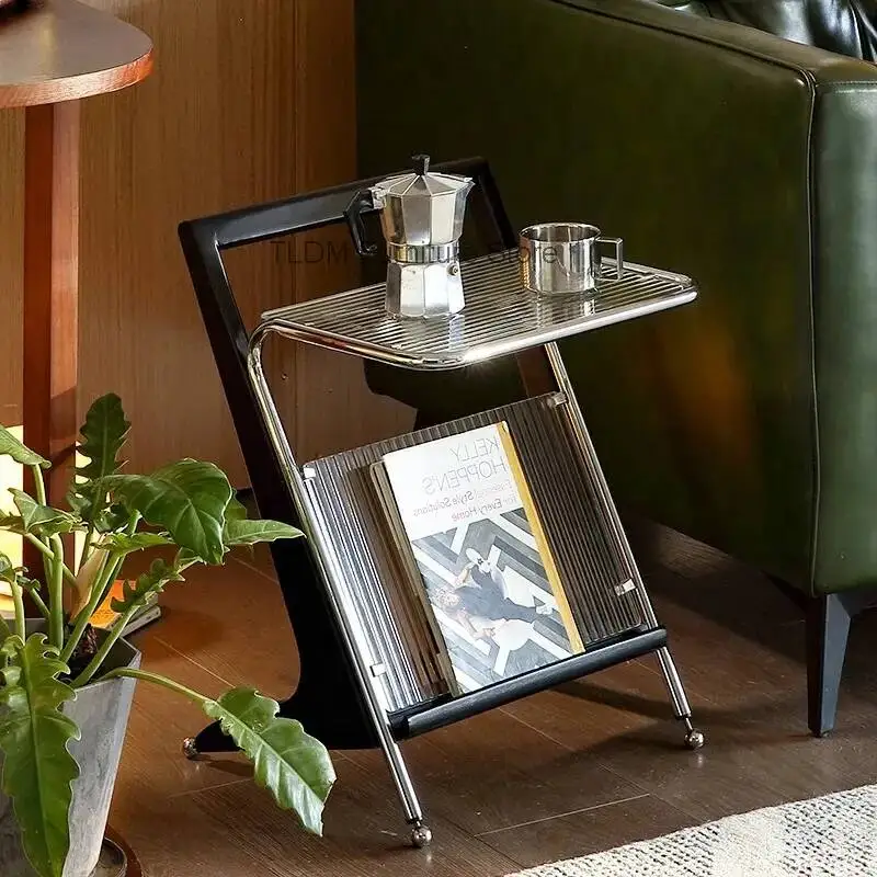 Retro Solid Wood Metal Bedside Table - Magazine Storage Side Table, Designer Mobile Storage Desk for Bedroom & Living Room