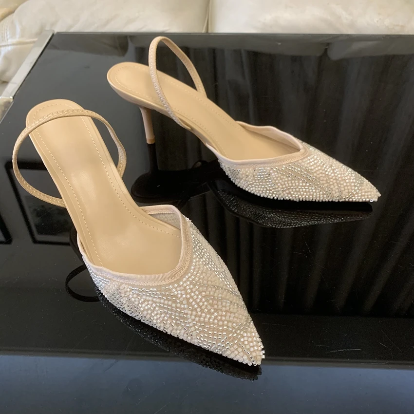 2026 Sommer Damen Spitze High Heels Sandalen Sexy Perlenbesetzt Elegant Party Hochzeit Slingback Damenschuhe