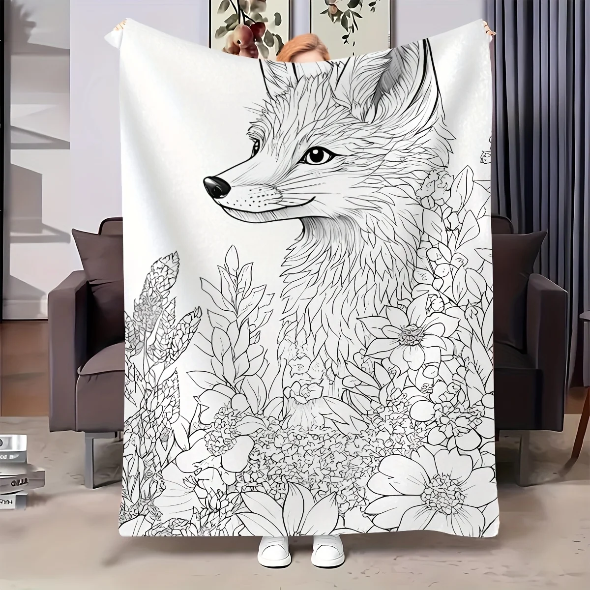 Monochrome Sketch Fox Botanical Floral Art Flannel Throw Blanket, Soft Plush for Sofa Bed Travel Indoor Home Decoration