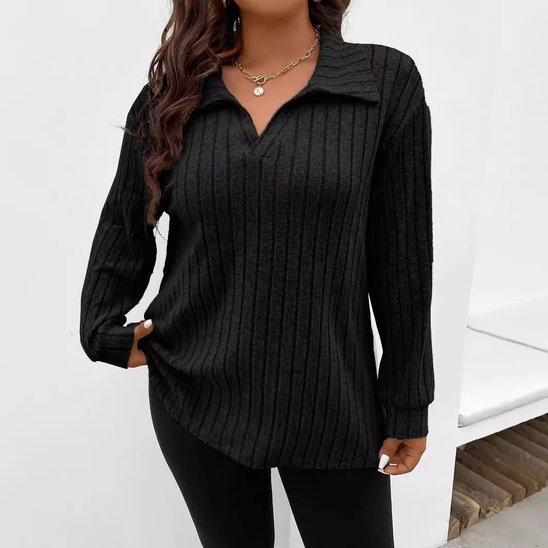 Autumn and Winter New Solid Color Women's Top V-neck Lapel Long Sleeve Ribbed Brushed T-shirt Loose 2025