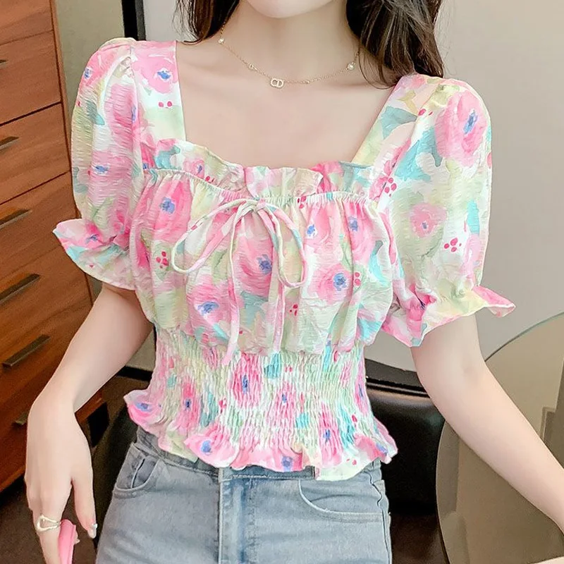 Lacing Short Sleeve Printing Blouse Summer New All-match Slim Pleated Fashion Short Shirt Tops Elegant Sweet Women Clothing