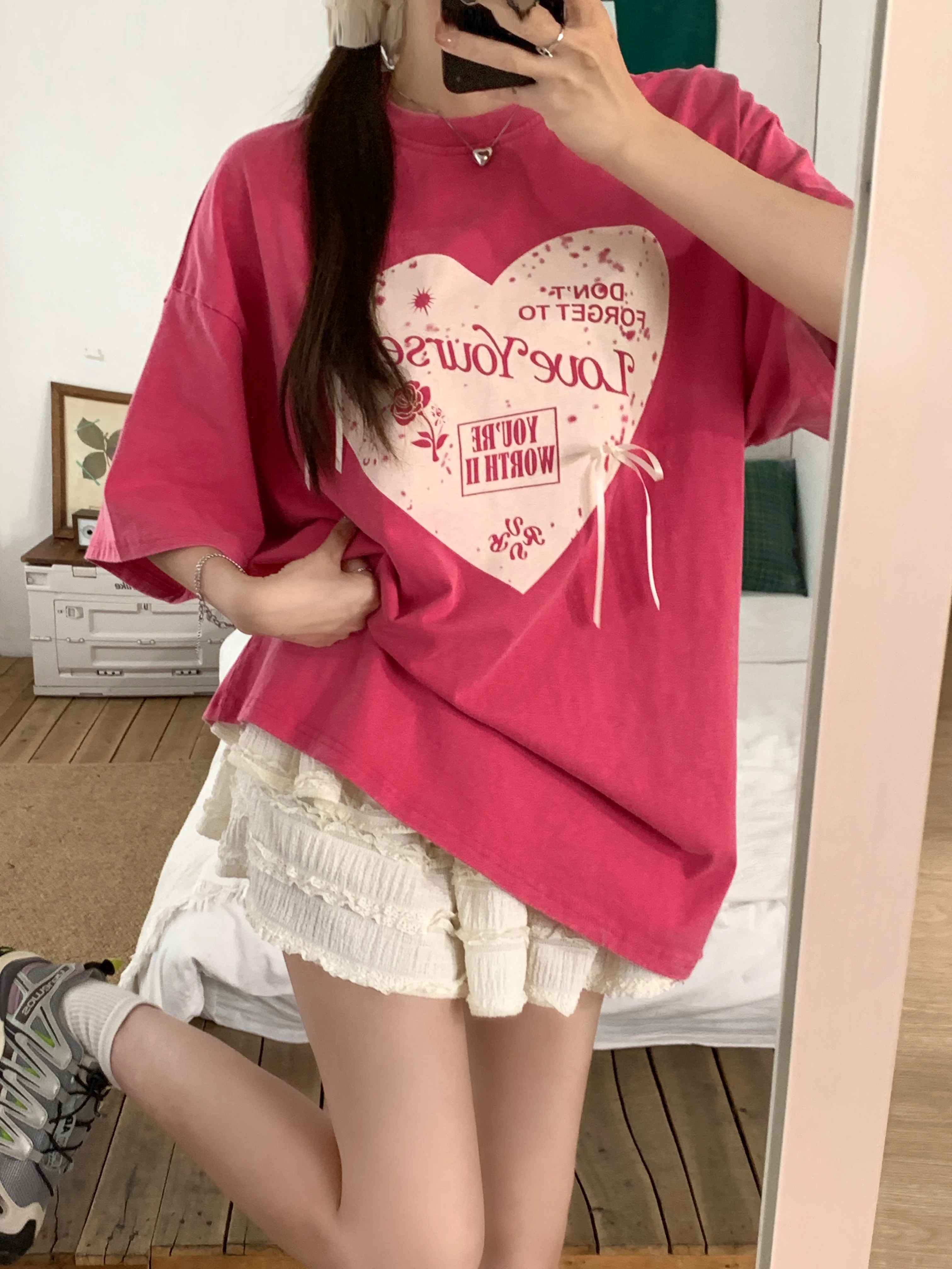 

American Heavy Industry Washed Old Letter Love Bow Large Edition Loose Premium Style T-shirt 2024 Summer for Women