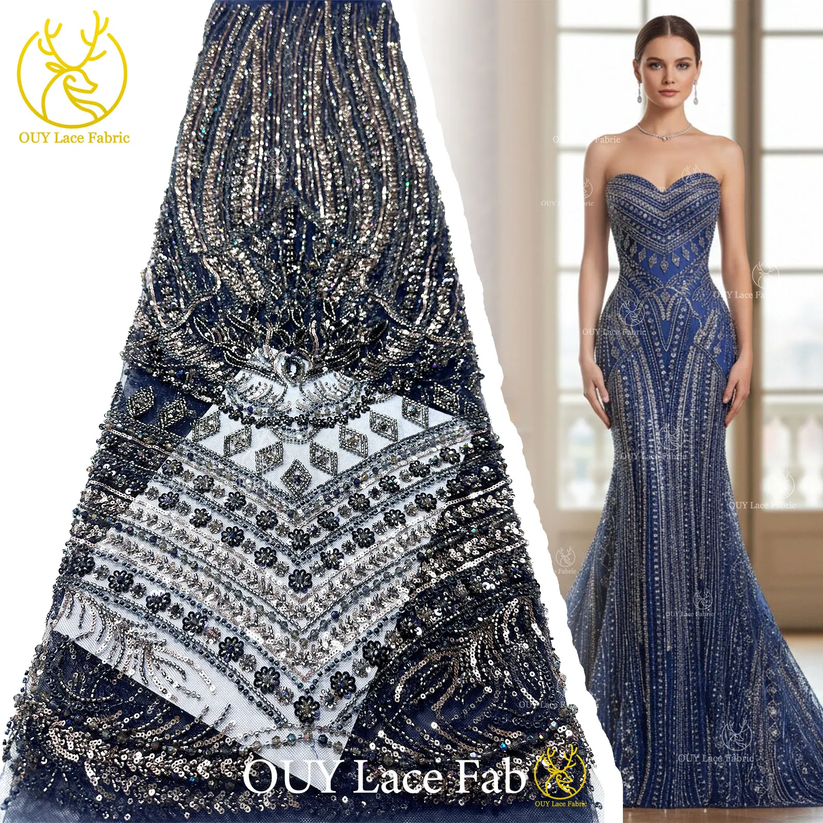 

Luxury Custom-Made Women's Party Gown Hand-Embroidered Lace with Heavy Beading and Sequins Lace Fabric 2026 African Lace Fabric