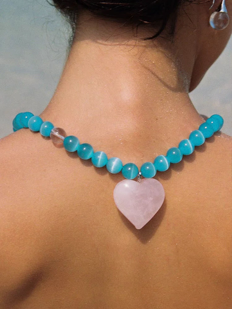 Brass Natural Beads Heart Choker Necklace Women Jewelry Punk Designer Runway Rare Gown Boho Japan Korean