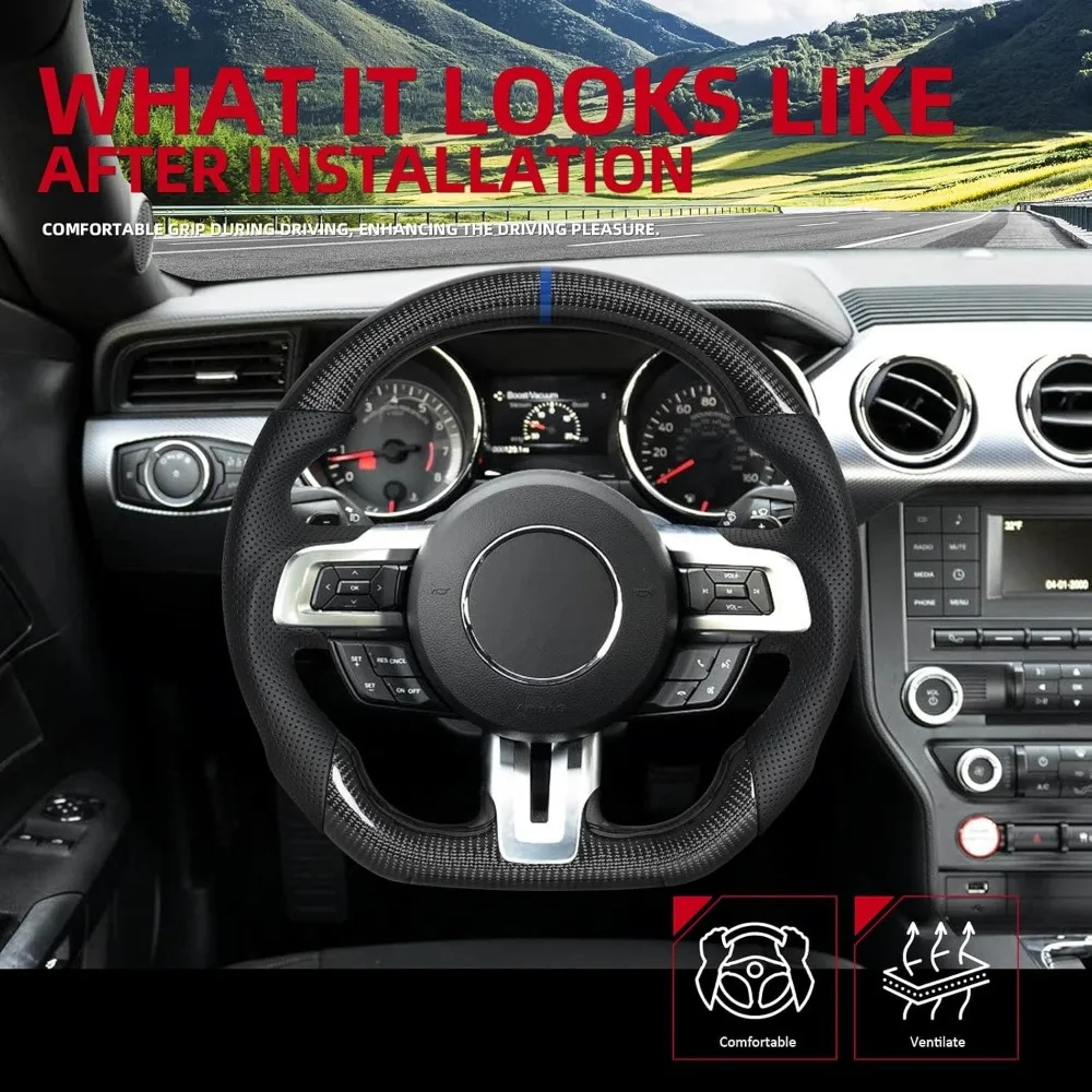 

Руль из настоящего карбона, круглый сверху, плоский снизу, с синей строчкой, без подогрева, для Ford Mustang GT 2018-2023