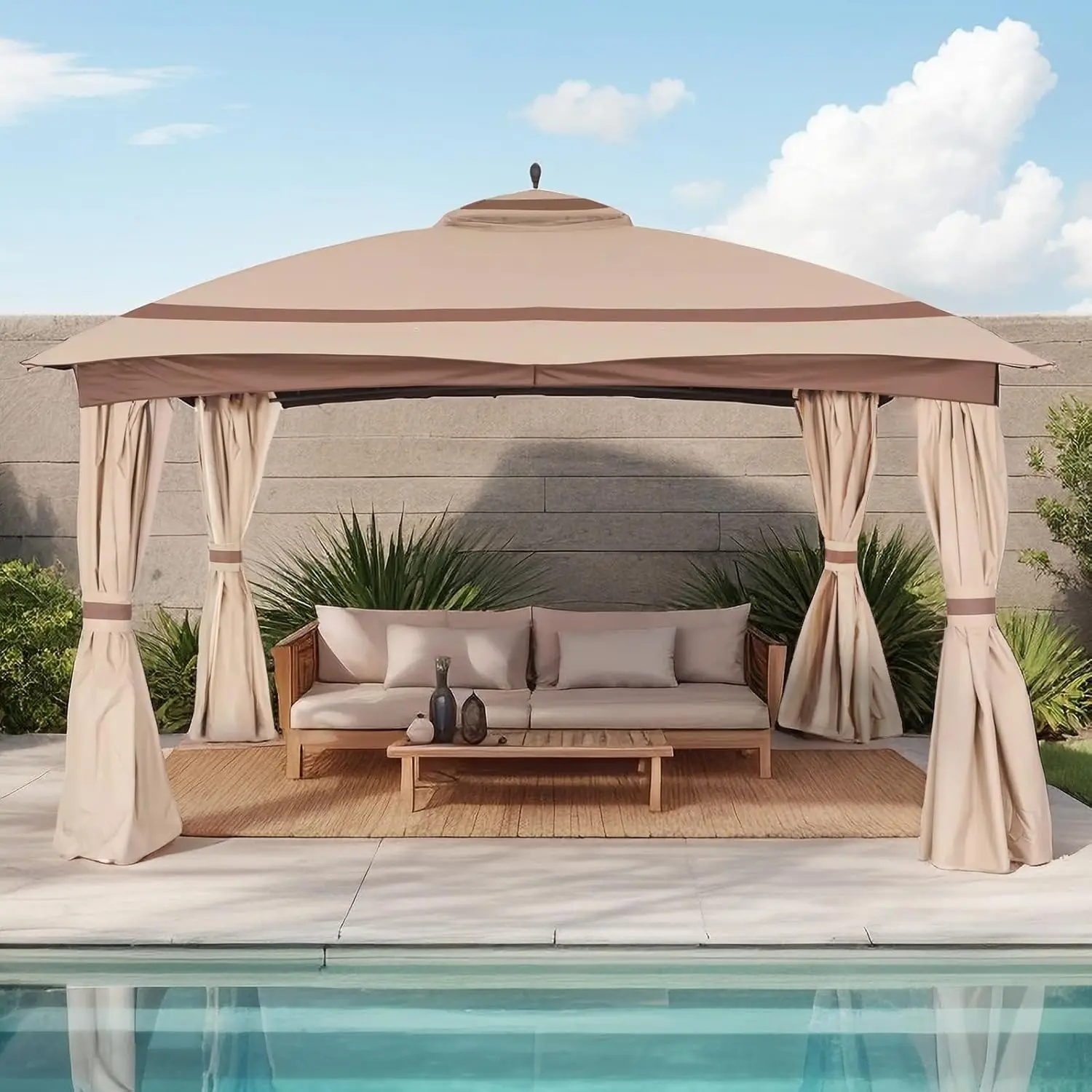 

11x13ft Gazebo for Patio Gazebo with Curtains & Sandbags Double Tier Roof Round Leg Marquee Canopy for Garden Deck Backyard Lawn