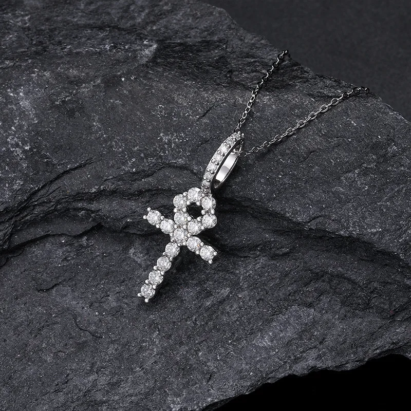 New S925 Sterling Silver 2mm Mossan stone cross pendant small Anhe key hip hop Pendant Necklace