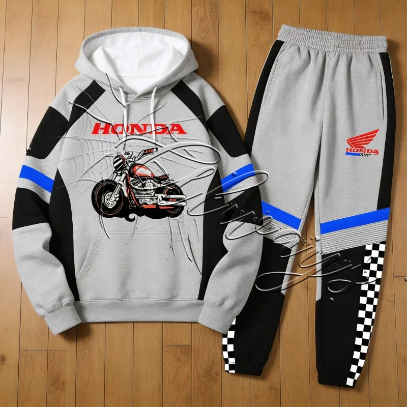 

2026Honda Racing Fashion Motorcycle Suit Set Men's RetroMOTO Off Road Enthusiasts Outdoor Sports Warm Hoodie Pants Two Piece Set