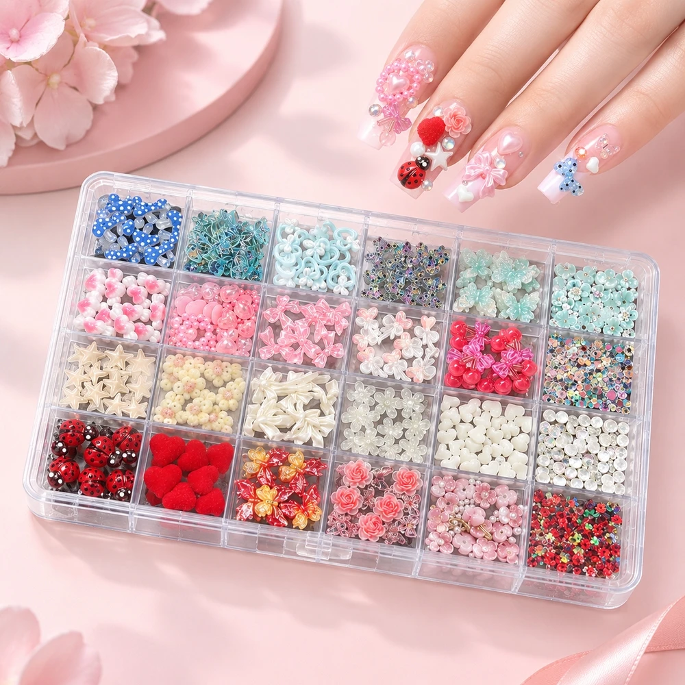 24Grids Premium Resin Nail Decorations Assorted 3D Rose Bow Ladybug Cherry Nail Rhinestones For Salon Nail Embellishments
