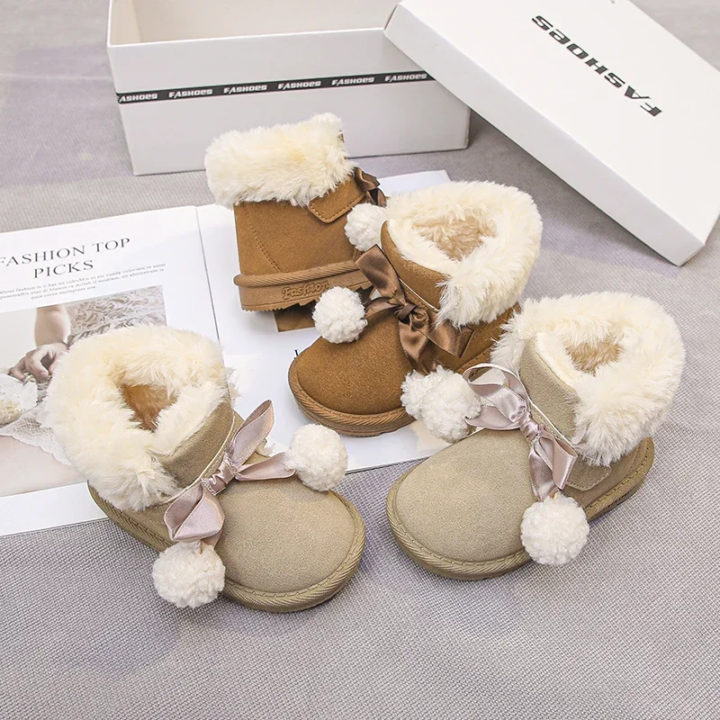 

Winter Children Outdoor Ankle Boots Fashion Hairball Girls Warm Princess Cotton Boots Soft Furry Hairy Kids Causal Plush Boots