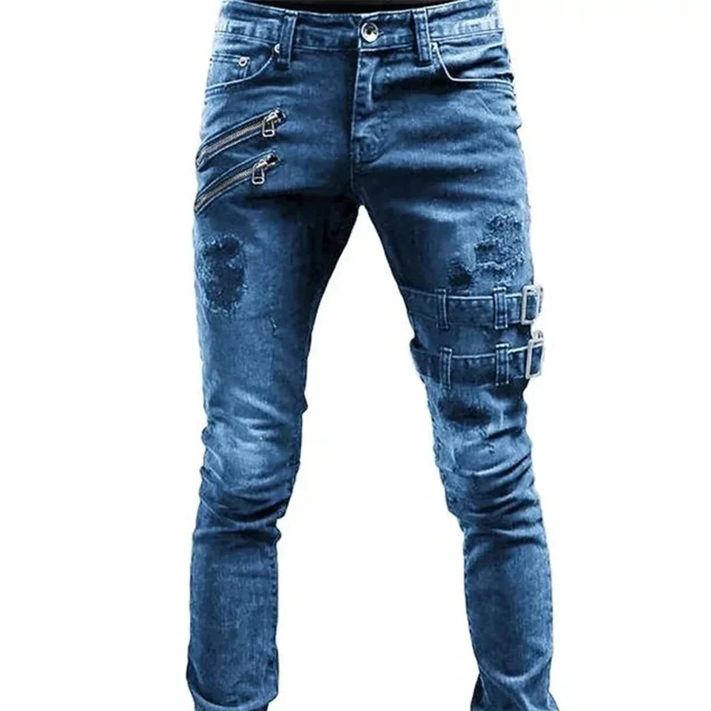 Nuovi jeans a gamba dritta con doppia cerniera alla coscia retrò da uomo con foro per cerniera street wear punk pantaloni da lavoro in denim attillati pantaloni abbigliamento Y2K