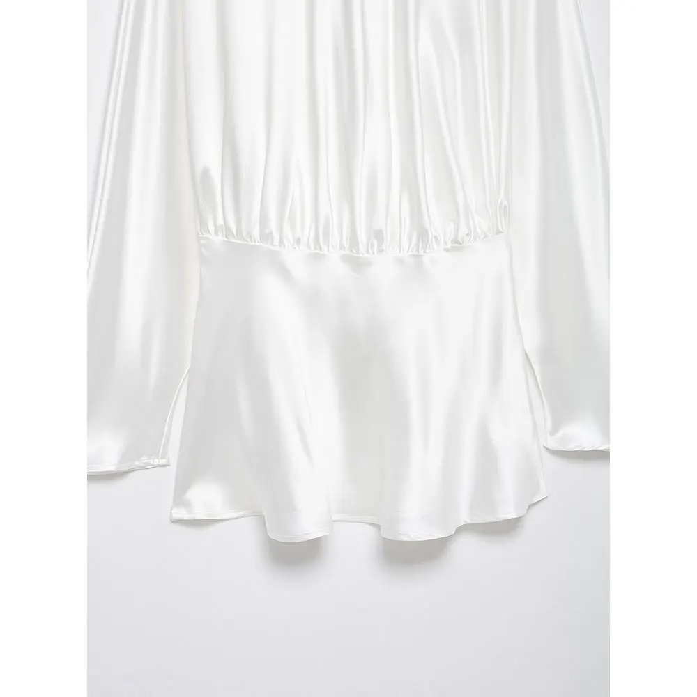 فستان نسائي قصير من الساتان الأبيض من DUOPERI بفيونكة خلفية وأربطة ورقبة عالية وأكمام طويلة فساتين نسائية أنيقة وأنيقة #5