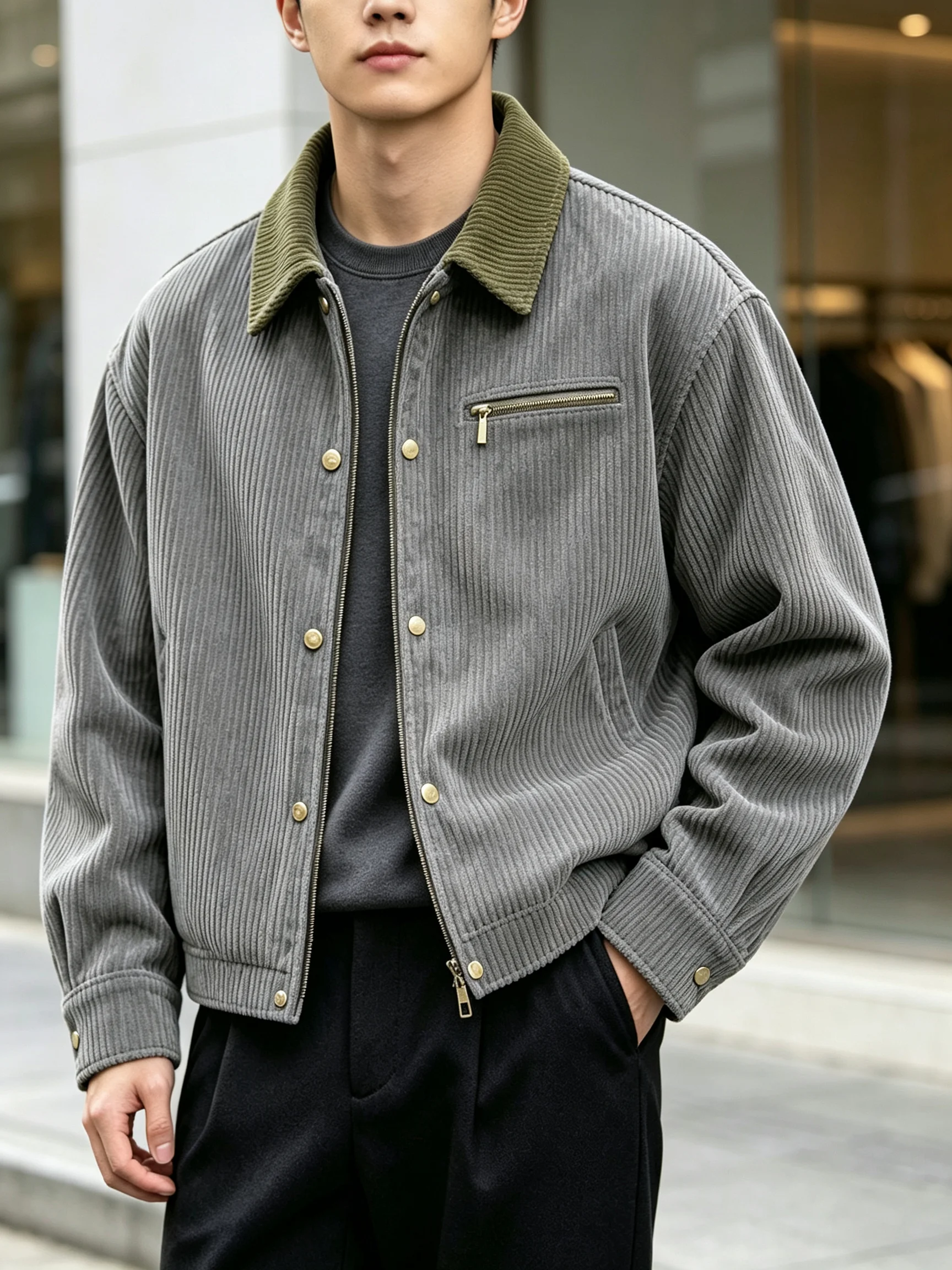 Herren-Cordjacke mit Kontrastfarbenkragen, Reißverschluss vorne und Knopfleiste, lässiger, langärmliger Trucker-Mantel für den täglichen Gebrauch im Herbst. – Detail 3
