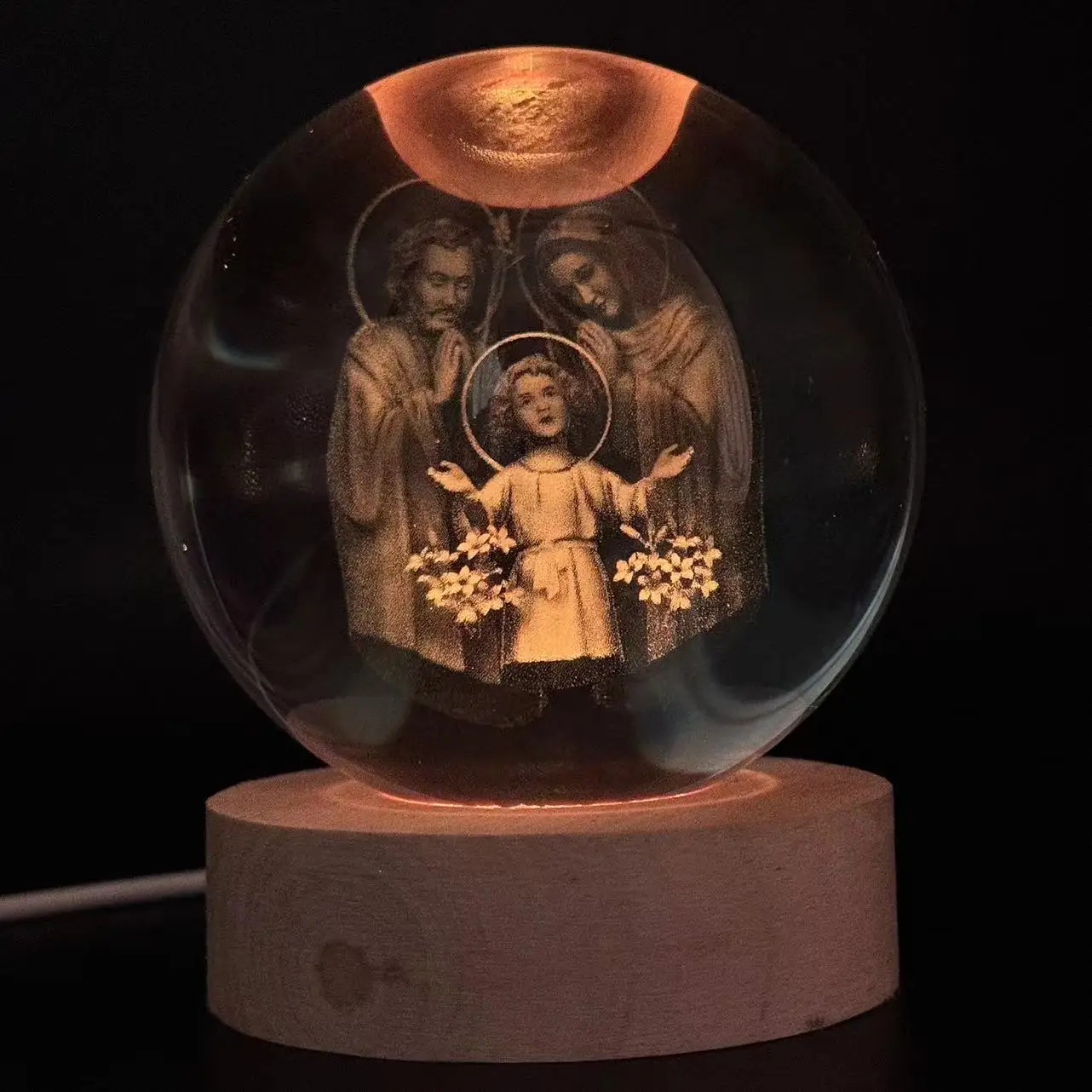 1pc,3D laser engraving family happy round ball night light, with colored light wood lamp holder, home decoration decoration, sui