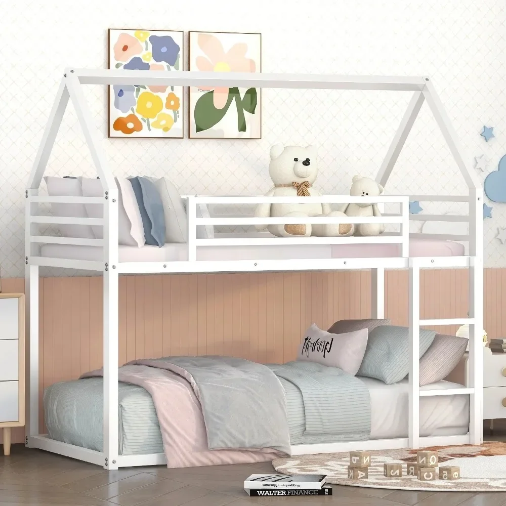 

Metal House Bunk Bed, Twin over Twin Bunk Bed with Ladder, Toddler Floor BunkBed for Kids, Boys & Girls (White)