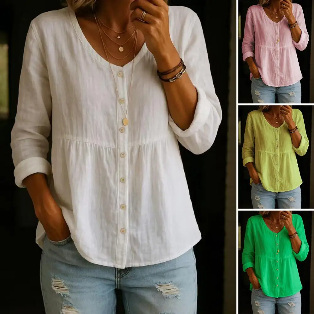 

Silhouette Short Front Long Back Hem Casual Shirt Women Shirt V-Neck Long Sleeve Buttons Placket Shirt Tops A-Line